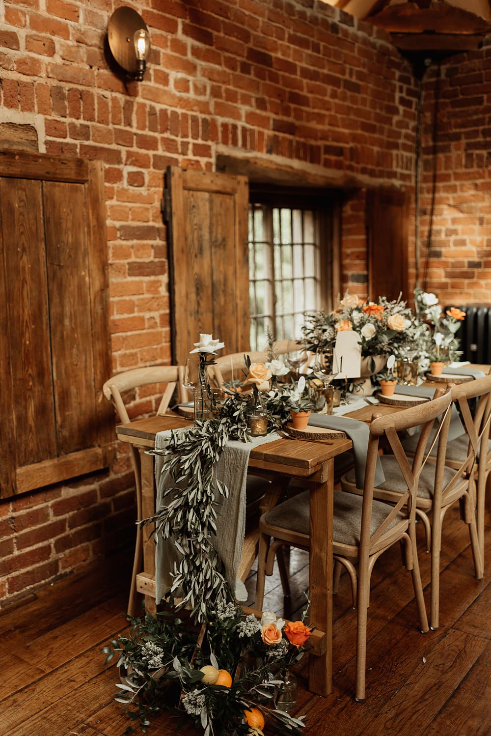 Table Decor Greenery Olive Runner Orange Flowers Sage Green Cloth Coach House Soughton Hall Wedding Ideas Sara Ribera Photography