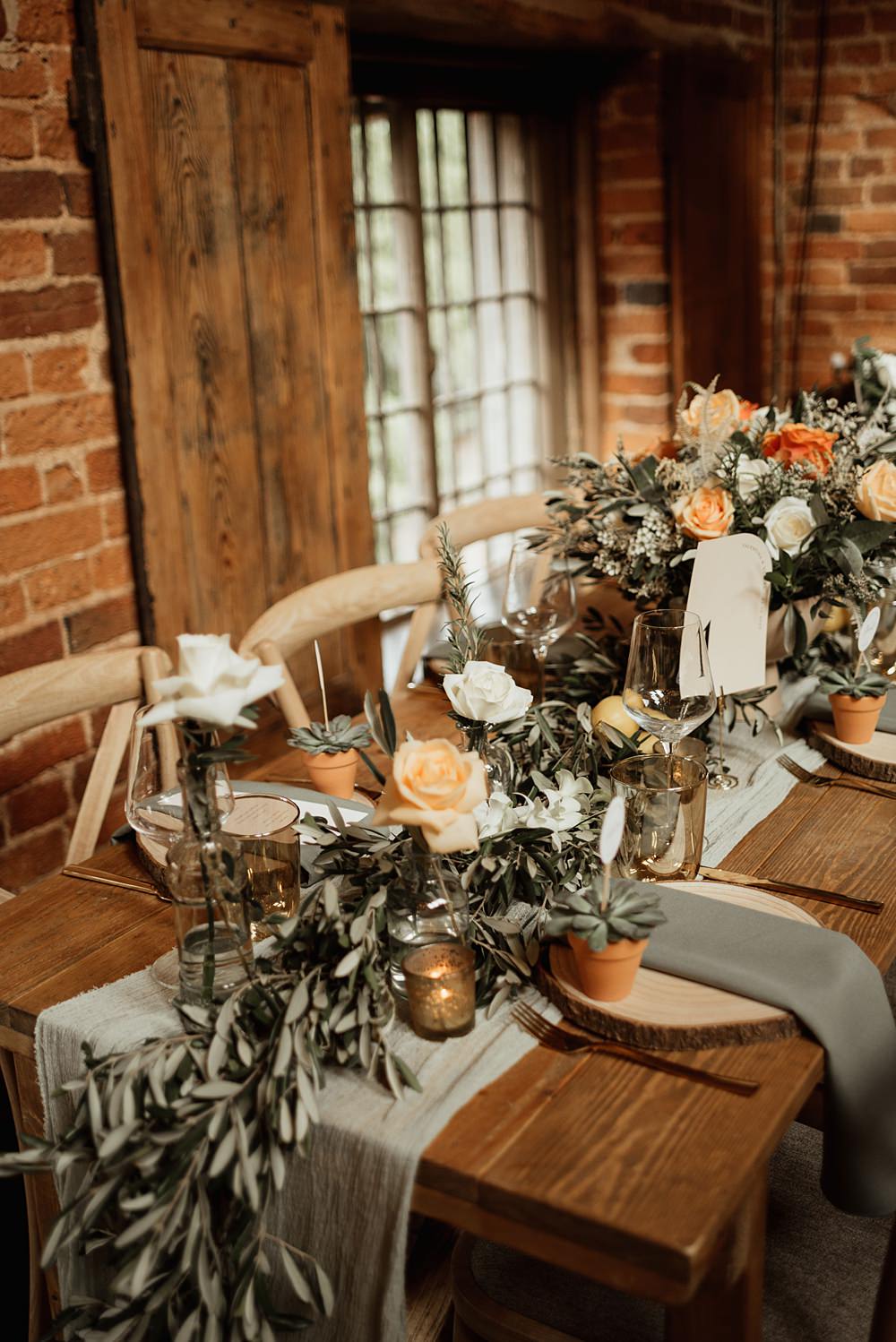 Table Decor Greenery Olive Runner Orange Flowers Sage Green Cloth Coach House Soughton Hall Wedding Ideas Sara Ribera Photography
