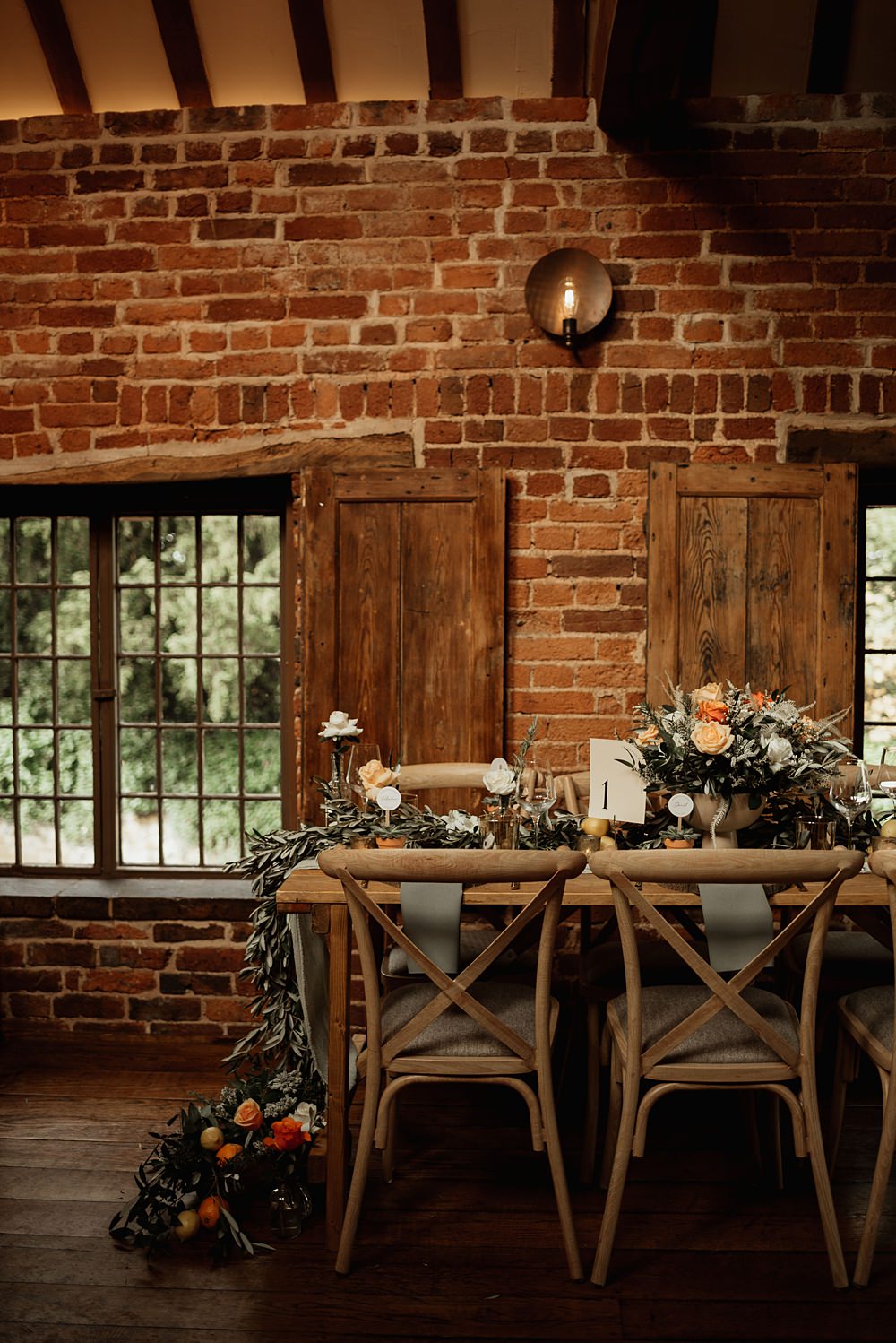 Table Decor Greenery Olive Runner Orange Flowers Sage Green Cloth Coach House Soughton Hall Wedding Ideas Sara Ribera Photography