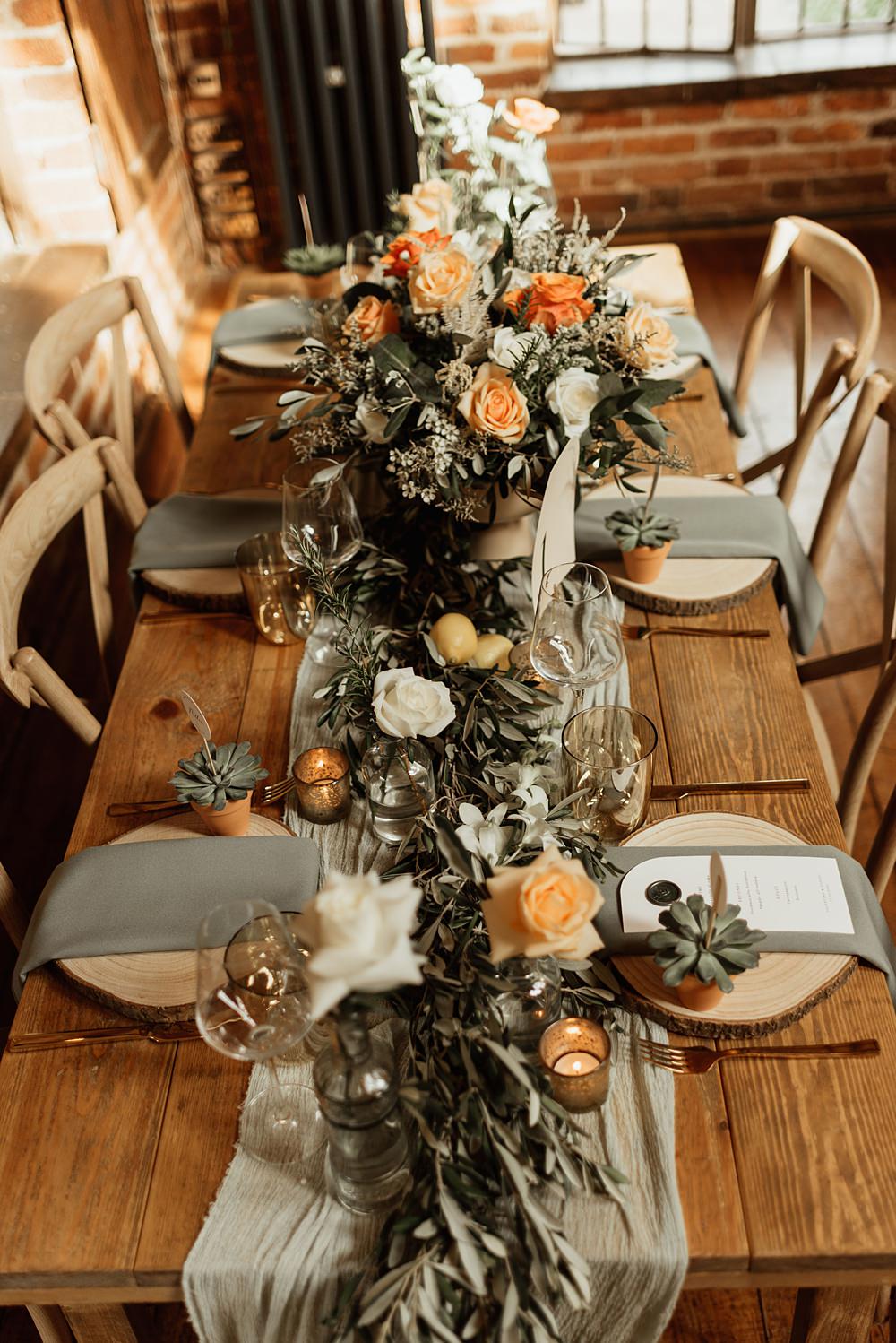 Table Decor Greenery Olive Runner Orange Flowers Sage Green Cloth Coach House Soughton Hall Wedding Ideas Sara Ribera Photography