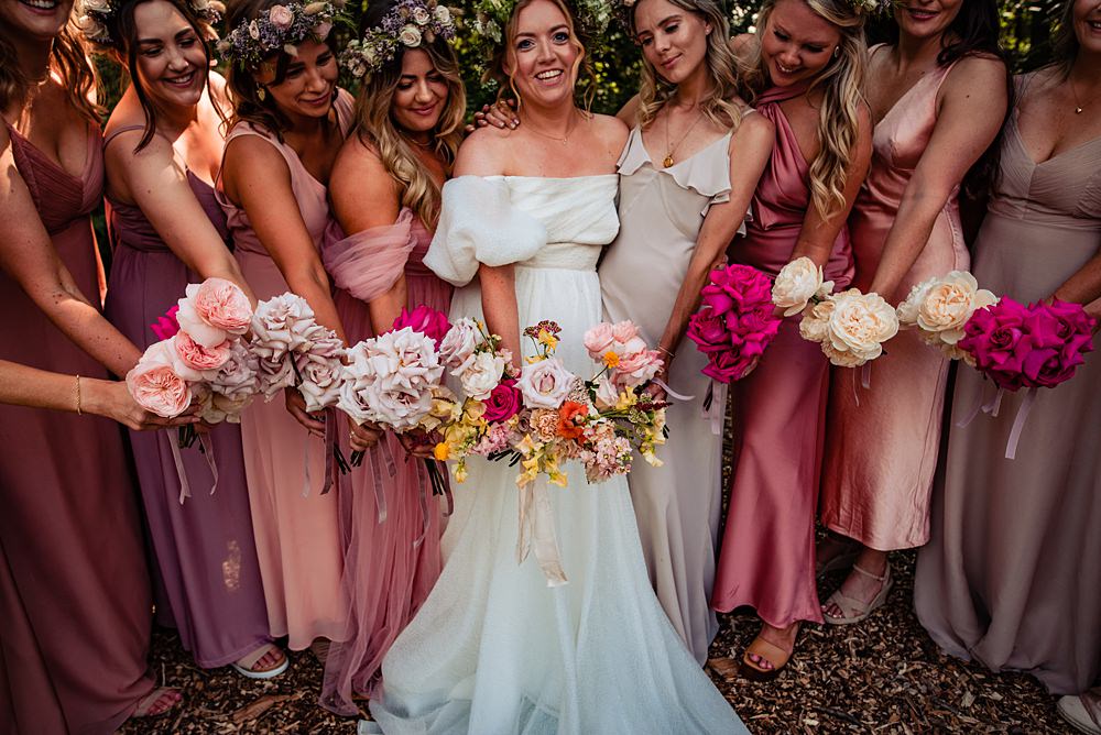 Bouquet Flowers Bride Rose Pink Orange Yellow Bridesmaids Frickley Lake Wedding Natalia Case Photography