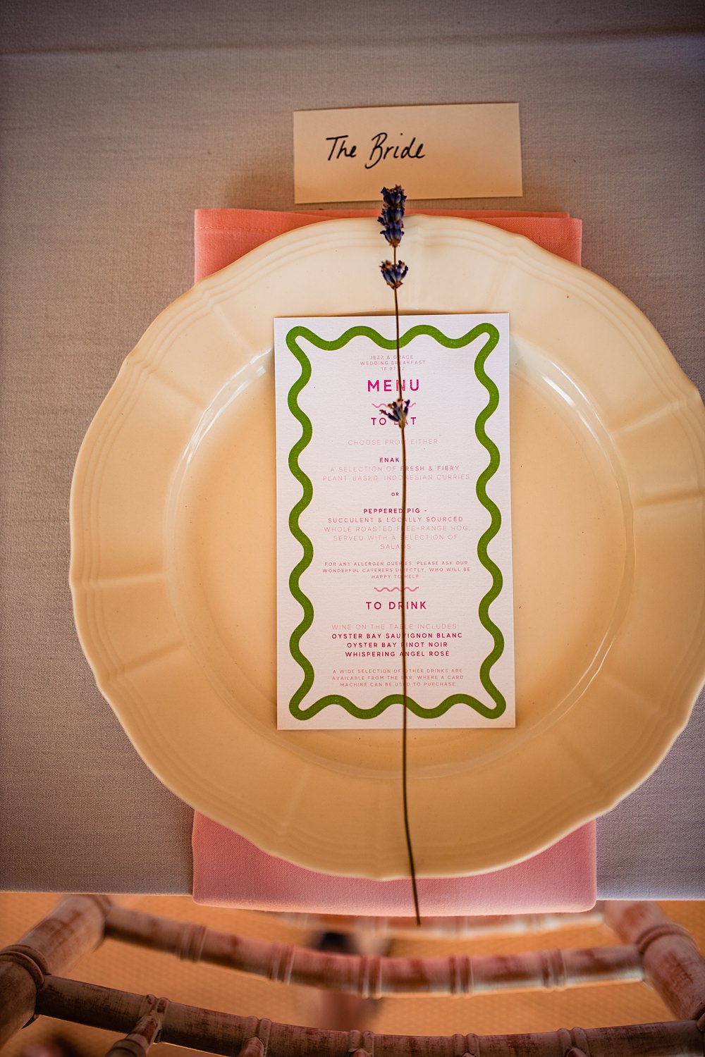 Place Setting Gold Plate Lavender Menu Frickley Lake Wedding Natalia Case Photography