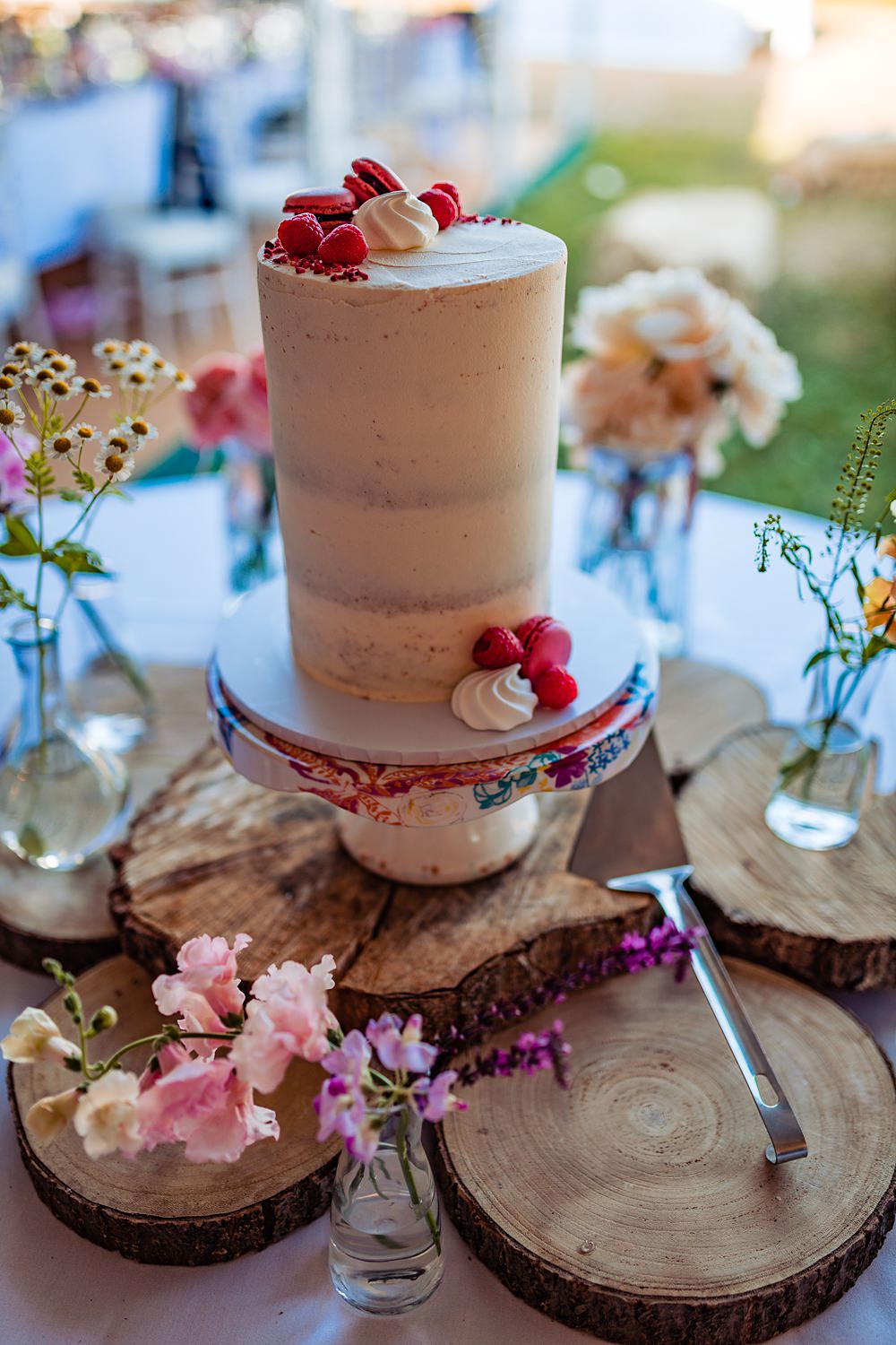 Cake Table Single Tier Pink Flowers Frickley Lake Wedding Natalia Case Photography