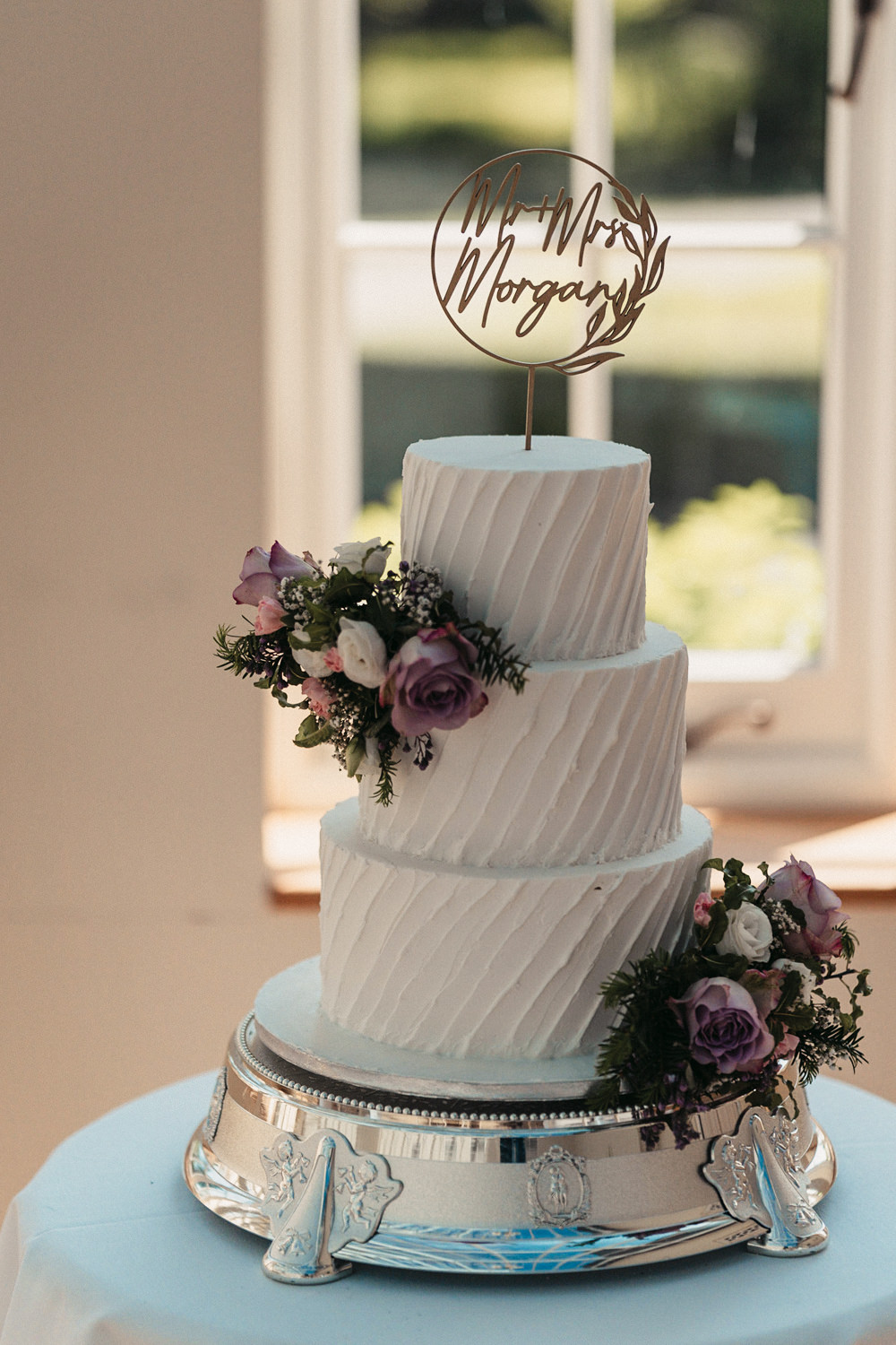 White Iced Cake Purple Flowers Topper Knowle Manor Wedding Wildly In Love