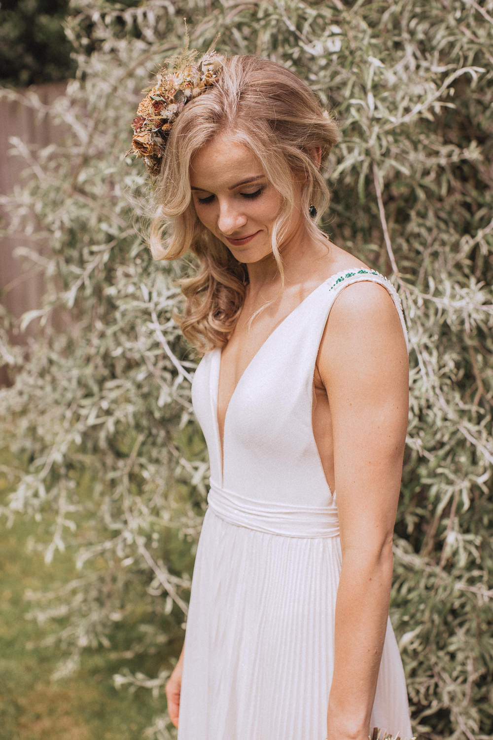Dress Gown Bride Straps Suzanne Neville Llyn Gwynant Barns Wedding Fox and Bear Photography