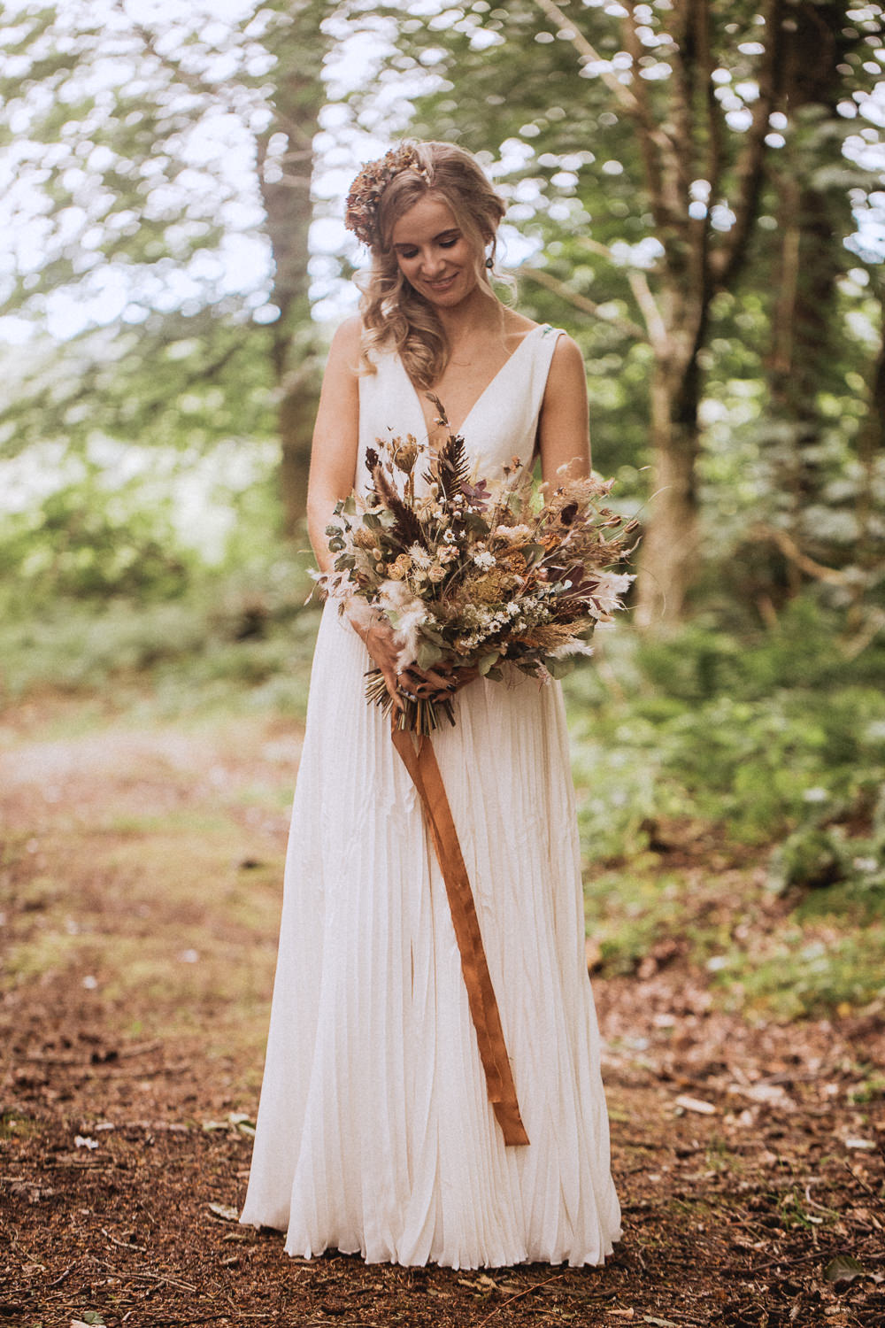Dress Gown Bride Straps Suzanne Neville Llyn Gwynant Barns Wedding Fox and Bear Photography