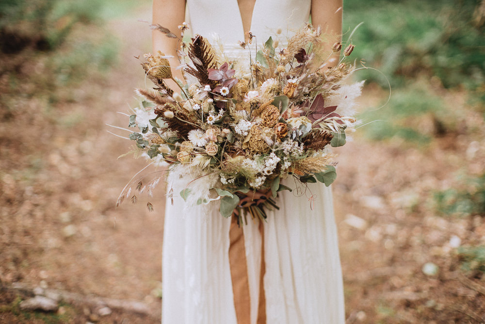 Bride Bouquet Flowers Dried Llyn Gwynant Barns Wedding Fox and Bear Photography