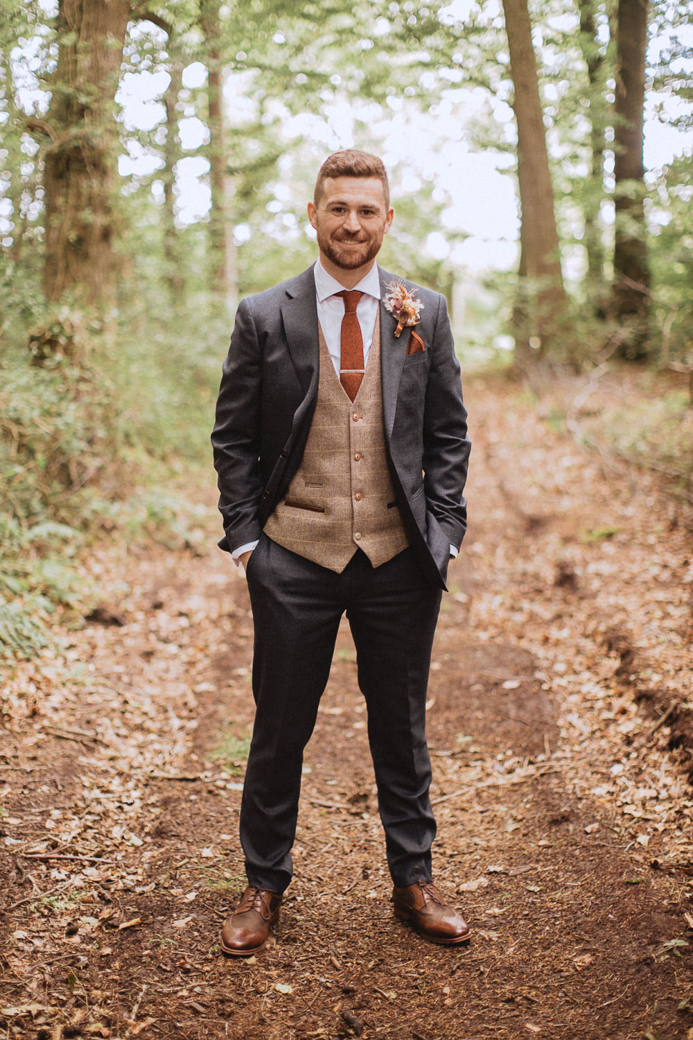 Groom Navy Suit Tan Waistcoat Tie Llyn Gwynant Barns Wedding Fox and Bear Photography