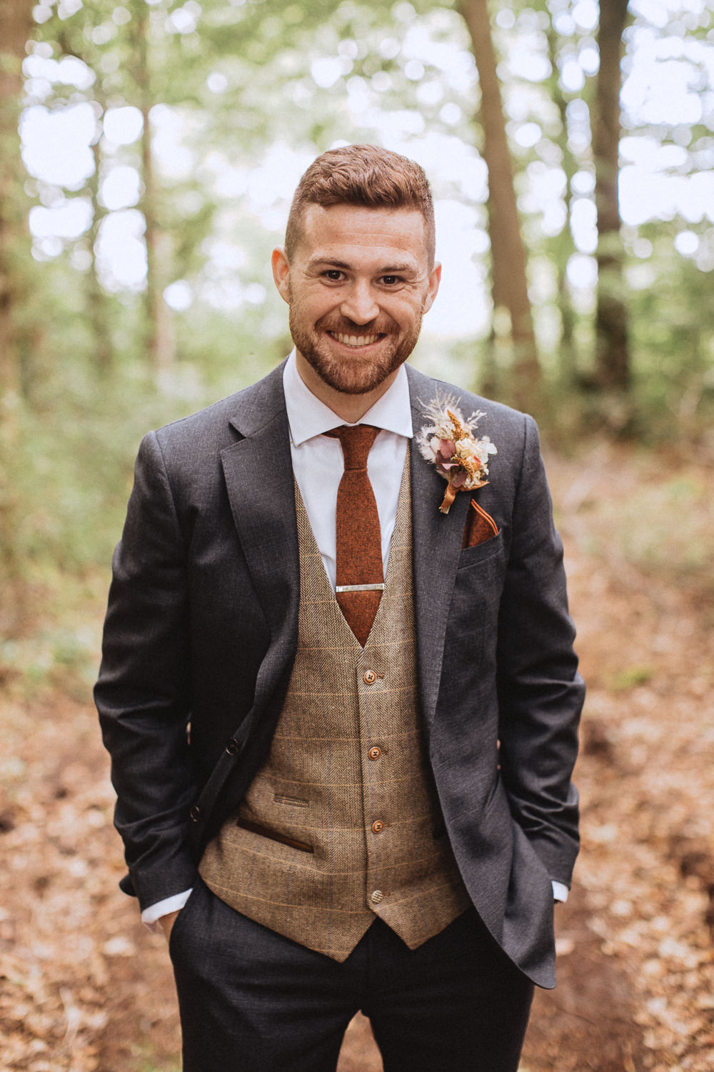 Groom Navy Suit Tan Waistcoat Tie Llyn Gwynant Barns Wedding Fox and Bear Photography