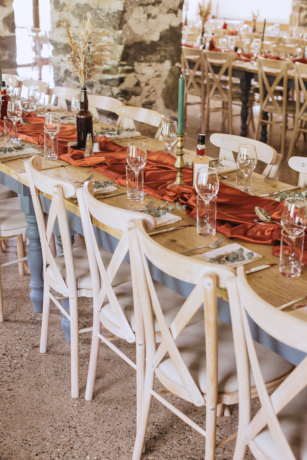 Long Table Decor Rust Runner Candles Dried Grasses Llyn Gwynant Barns Wedding Fox and Bear Photography