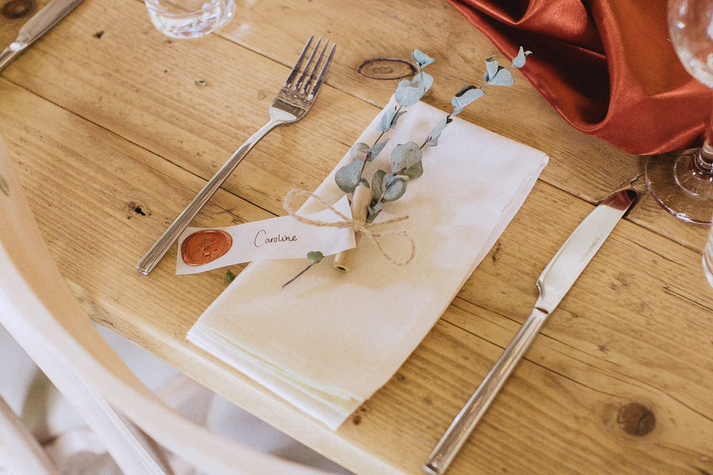 Place Setting Greenery Wax Seal Llyn Gwynant Barns Wedding Fox and Bear Photography