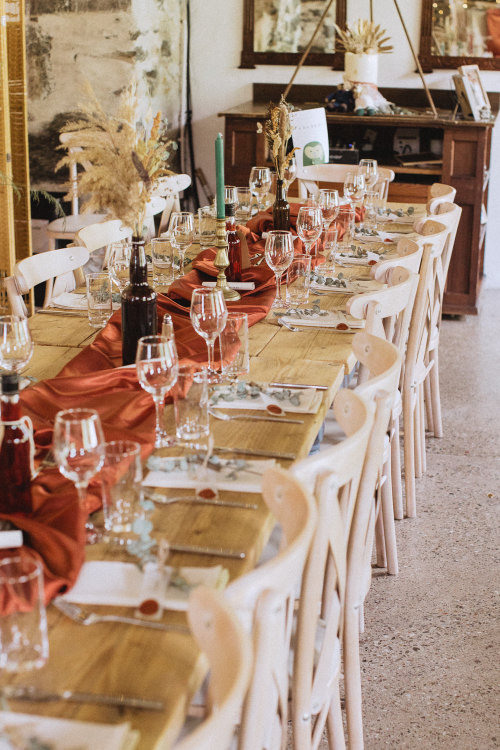 Long Table Decor Rust Runner Candles Dried Grasses Llyn Gwynant Barns Wedding Fox and Bear Photography