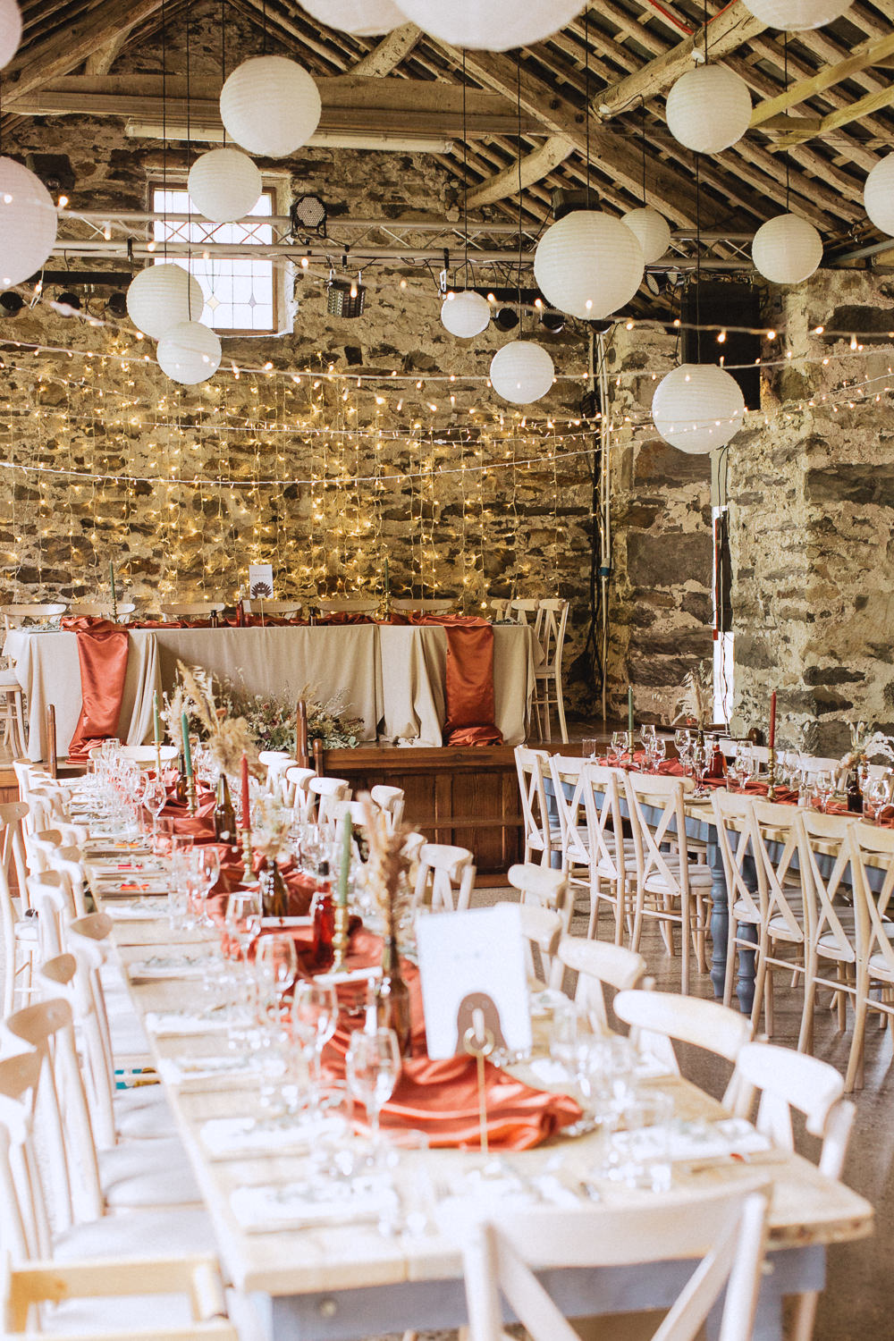 Long Table Decor Rust Runner Candles Dried Grasses Lanterns Llyn Gwynant Barns Wedding Fox and Bear Photography