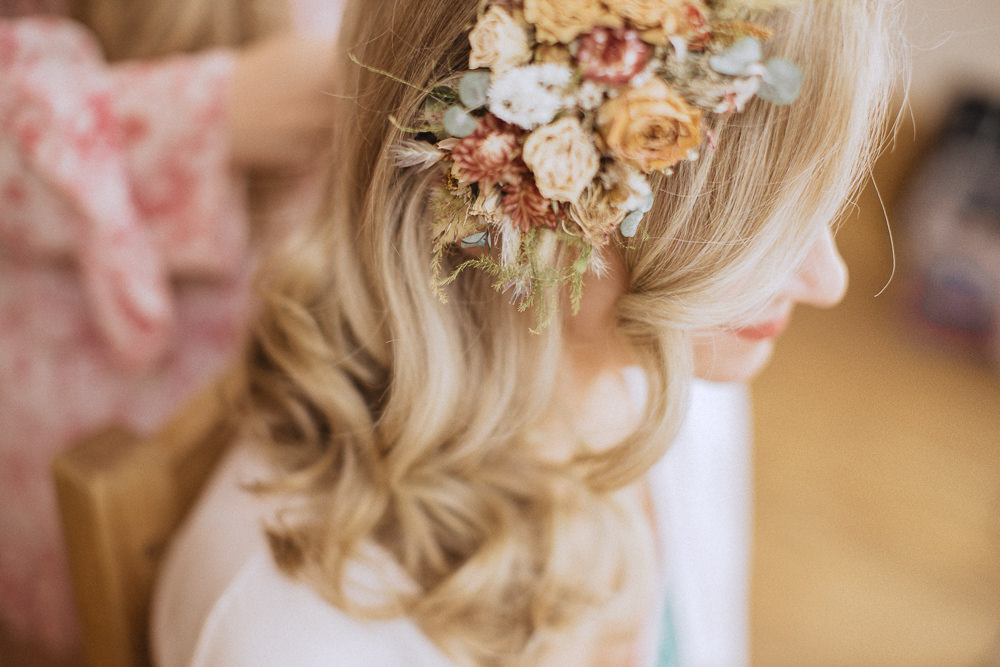 Bride Hairstyle Dried Flowers Waves Llyn Gwynant Barns Wedding Fox and Bear Photography
