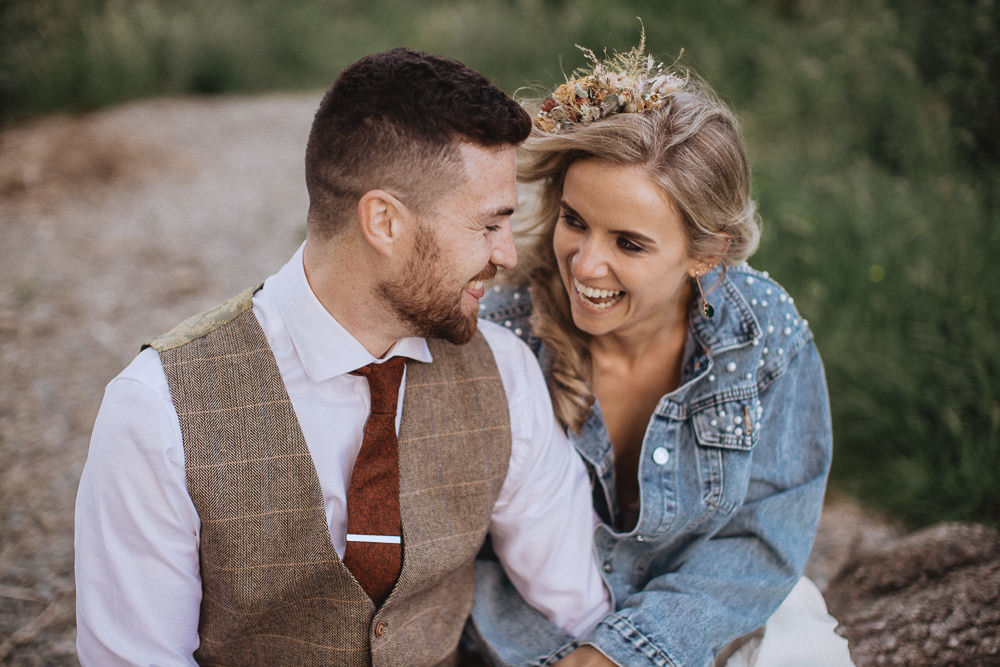 Denim Jacket Bride Llyn Gwynant Barns Wedding Fox and Bear Photography