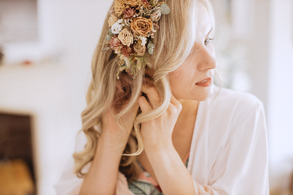 Bride Hairstyle Dried Flowers Waves Llyn Gwynant Barns Wedding Fox and Bear Photography