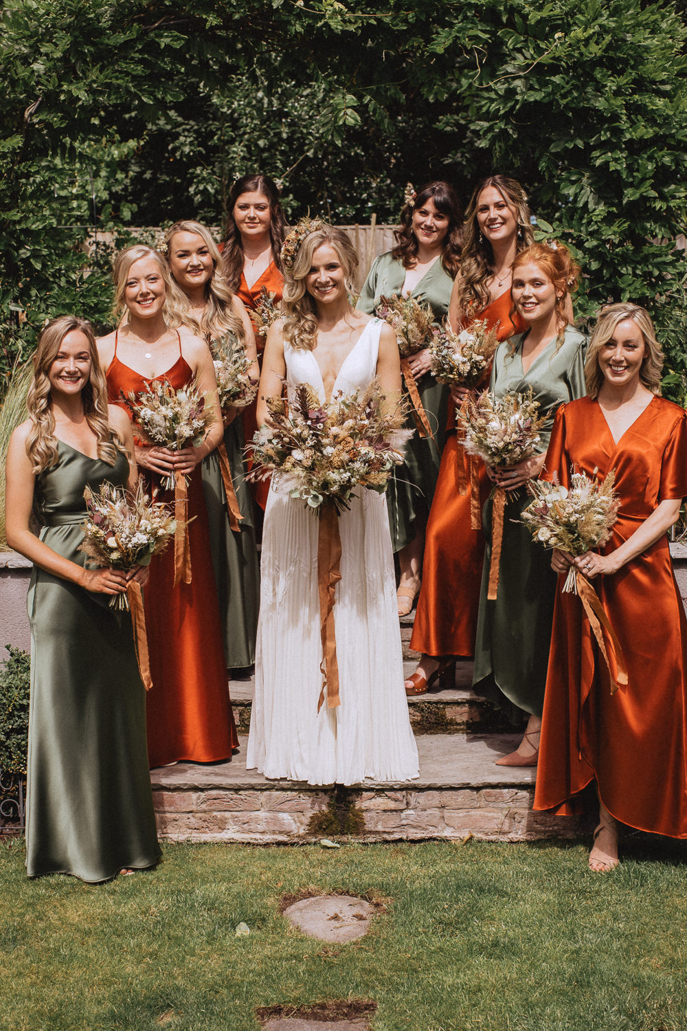 Bridesmaid Satin Dresses Orange Green Llyn Gwynant Barns Wedding Fox and Bear Photography