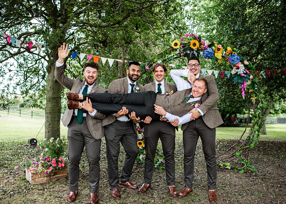 Groom Groomsmen Suits Brown Tweed Nortonbury Farm Wedding AD Photography