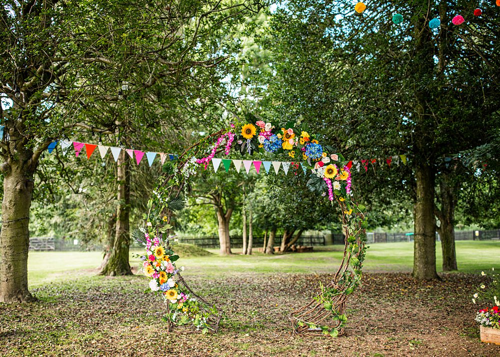 Hoop Flower Moongate Backdrop Nortonbury Farm Wedding AD Photography