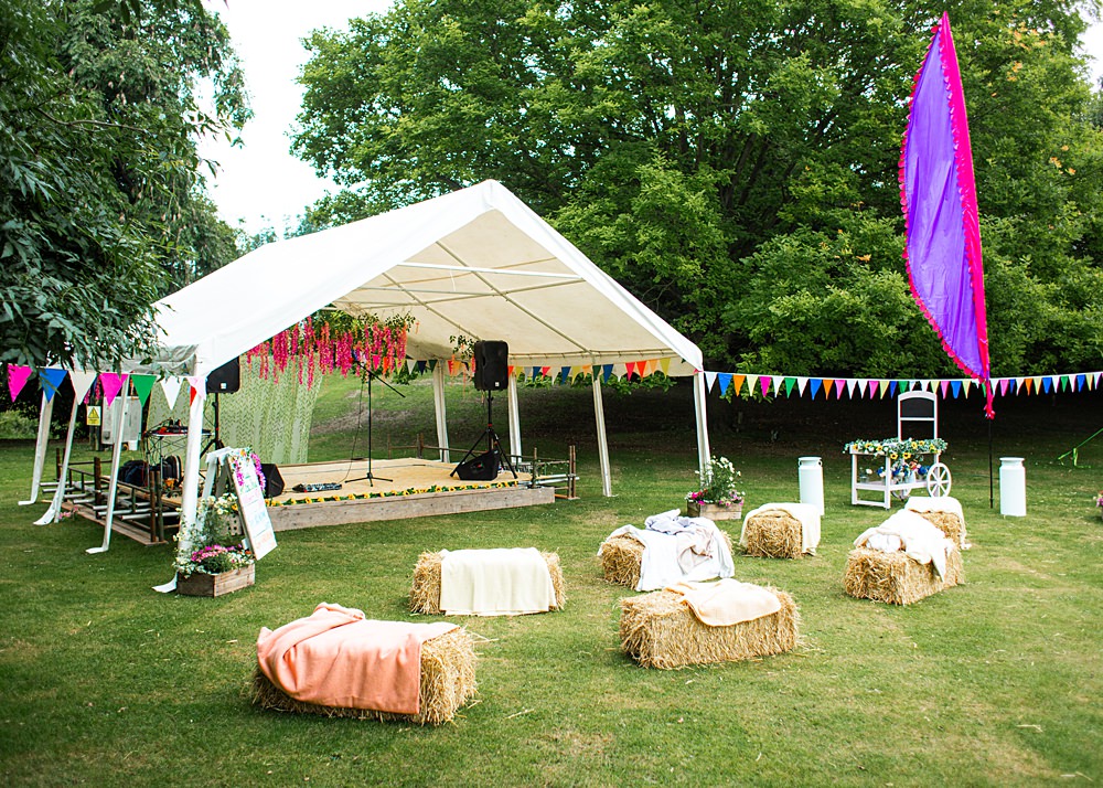 Festival Flags Stage Hay Bales Nortonbury Farm Wedding AD Photography