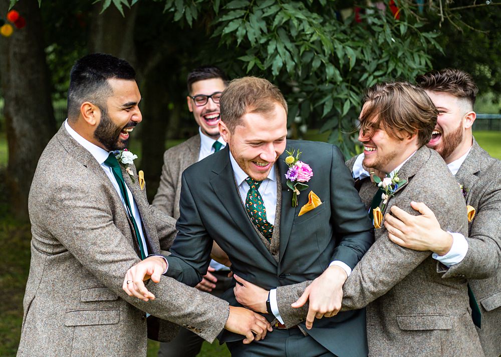 Groom Groomsmen Suits Brown Tweed Nortonbury Farm Wedding AD Photography
