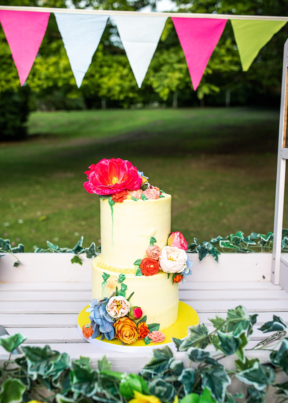 Floral Cake Two Tier Nortonbury Farm Wedding AD Photography
