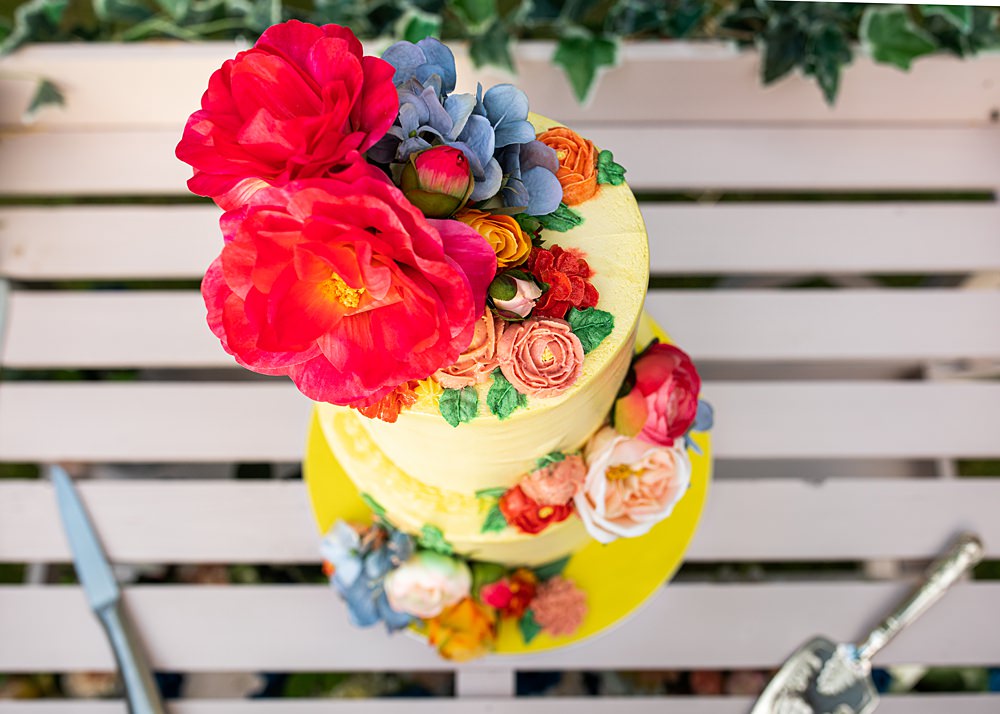 Floral Cake Two Tier Nortonbury Farm Wedding AD Photography