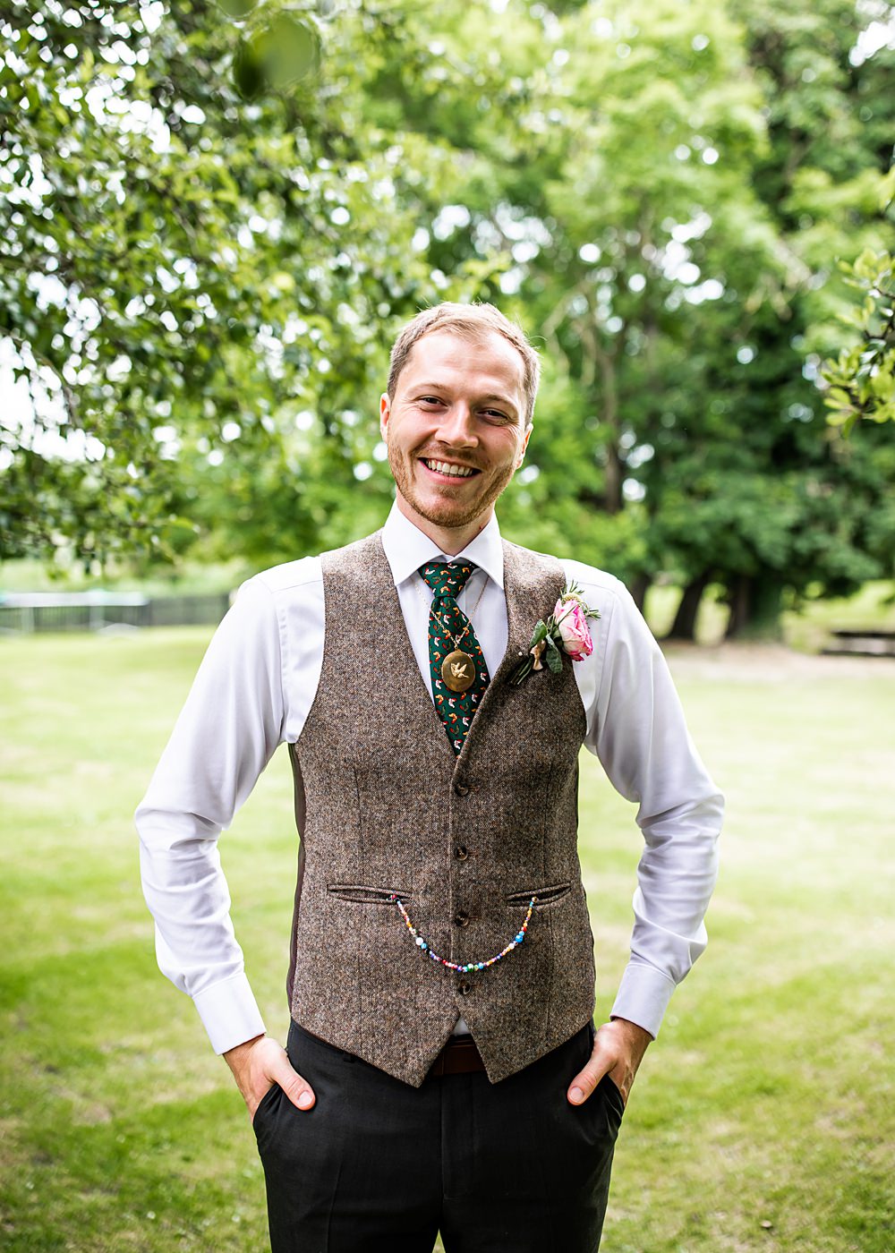 Groom Brown Waistcoat Nortonbury Farm Wedding AD Photography