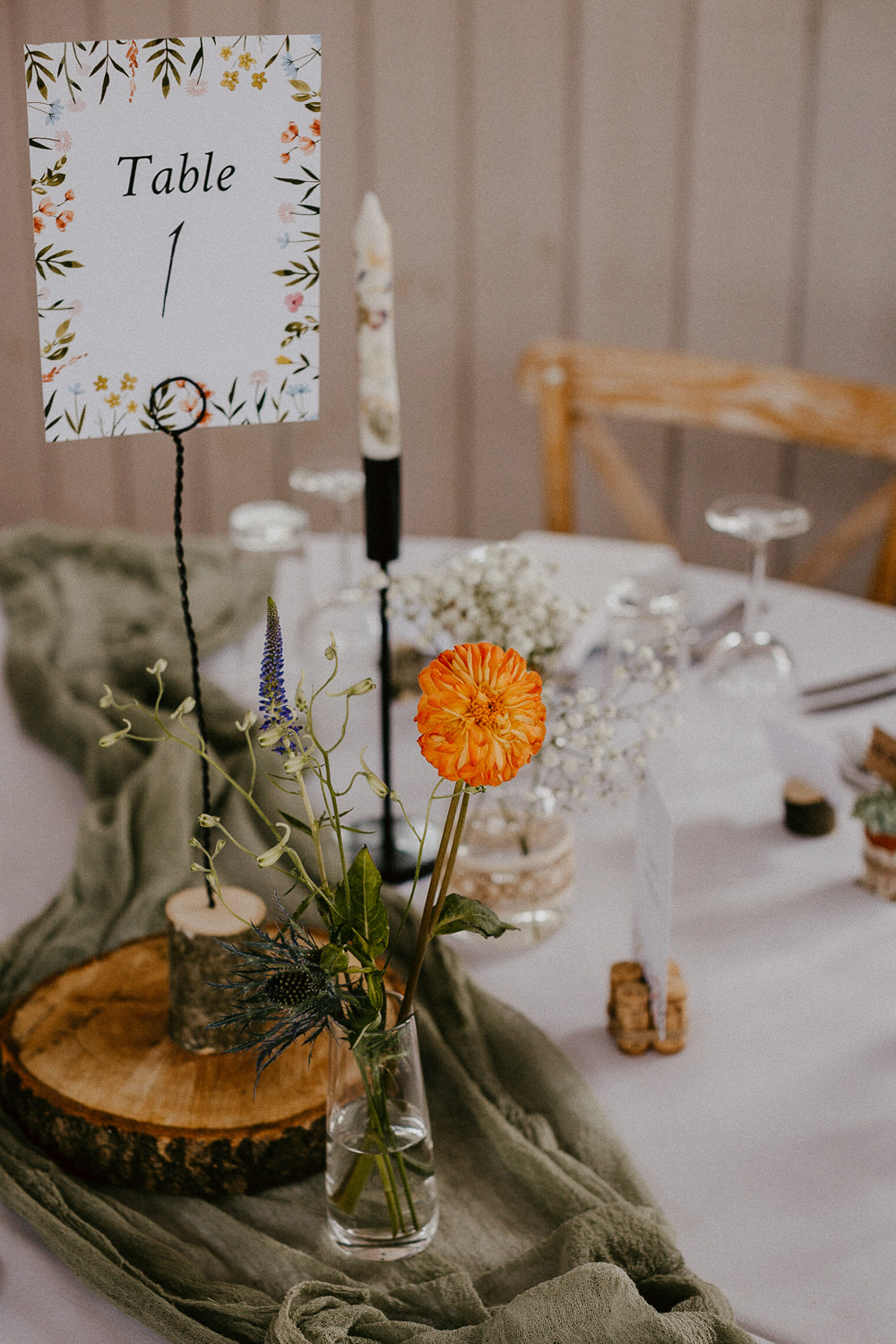 Centrepiece Table Decor Candles Flowers Number Card Oddhouse Farm Wedding Anna Rose Heaton Photography