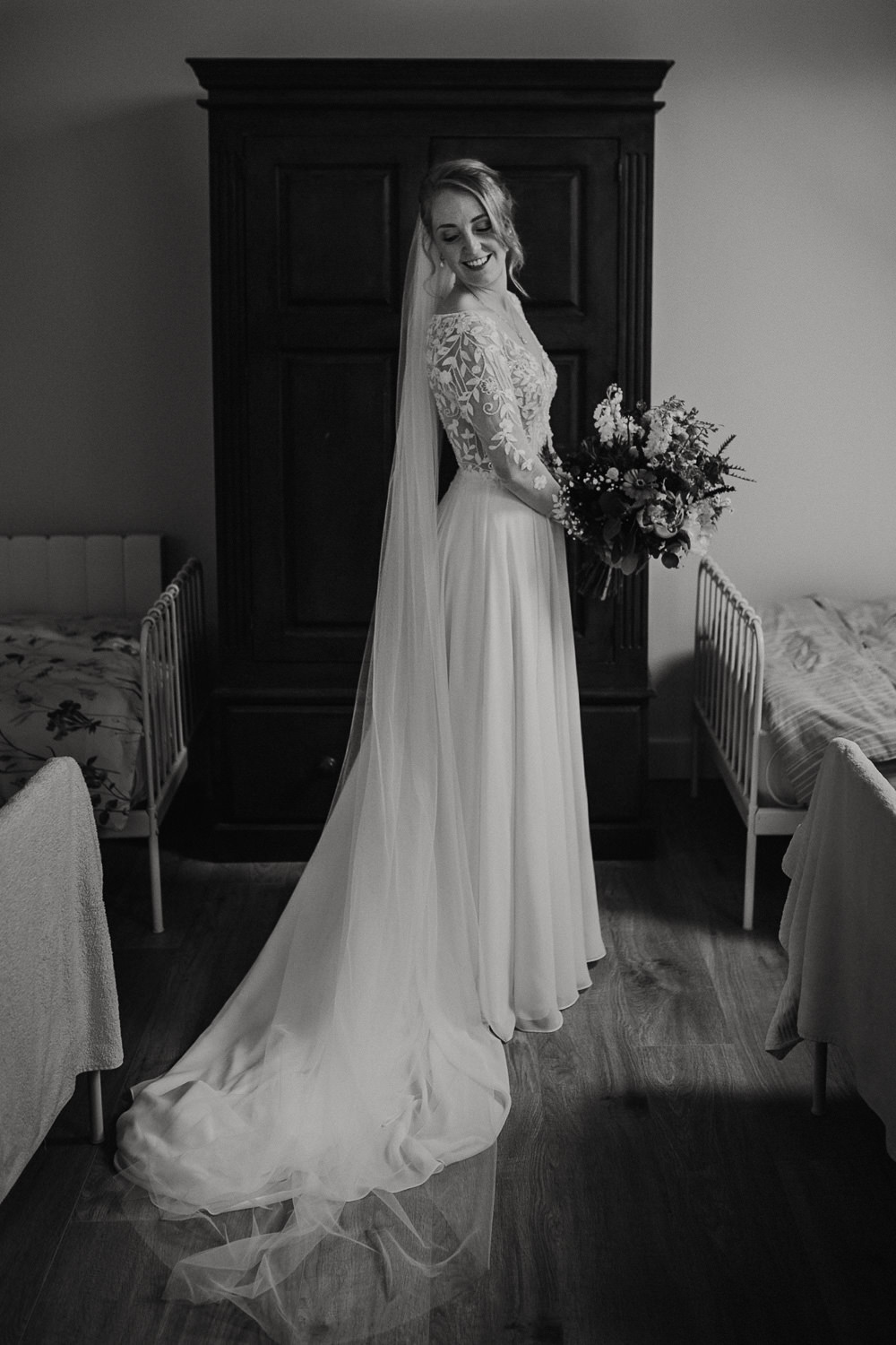 Floral Gown Sheer Sleeves Bridal Justin Alexander Veil Oddhouse Farm Wedding Anna Rose Heaton Photography