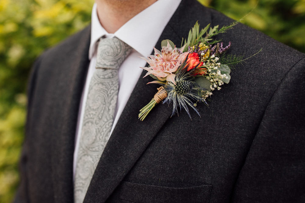 Colourful Buttonhole Flowers Oddhouse Farm Wedding Anna Rose Heaton Photography