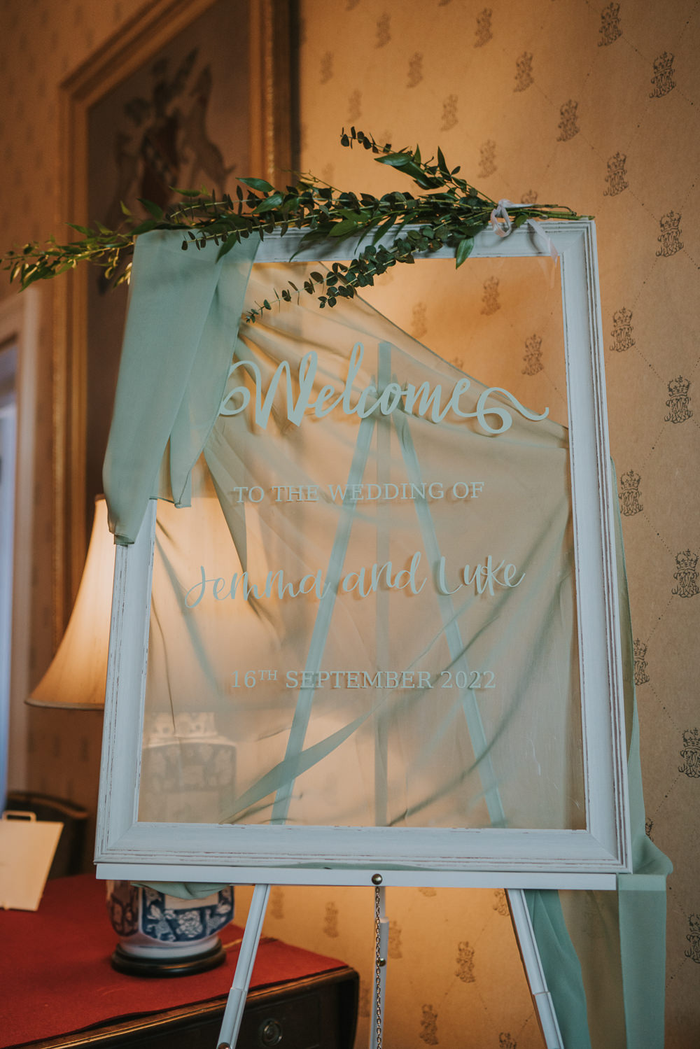 White Frame Sign Greenery Orangery Mount Edgcumbe Wedding Grace Elizabeth Photography
