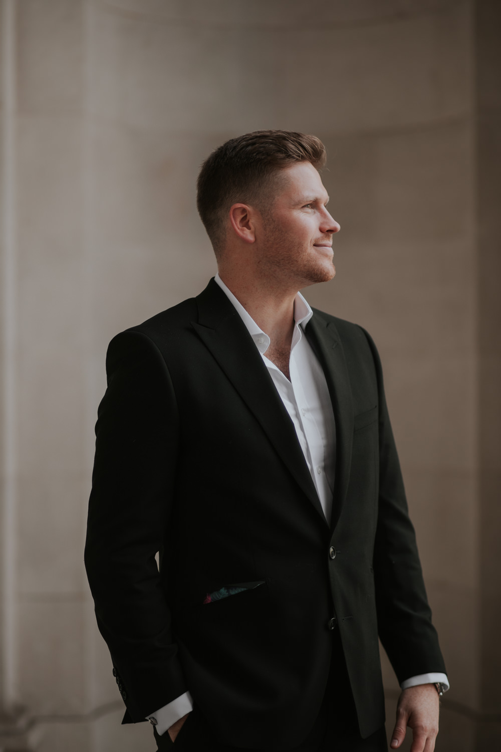 Royal Oak Marylebone Wedding Grace Pham Photography Groom Black Suit Open Shirt