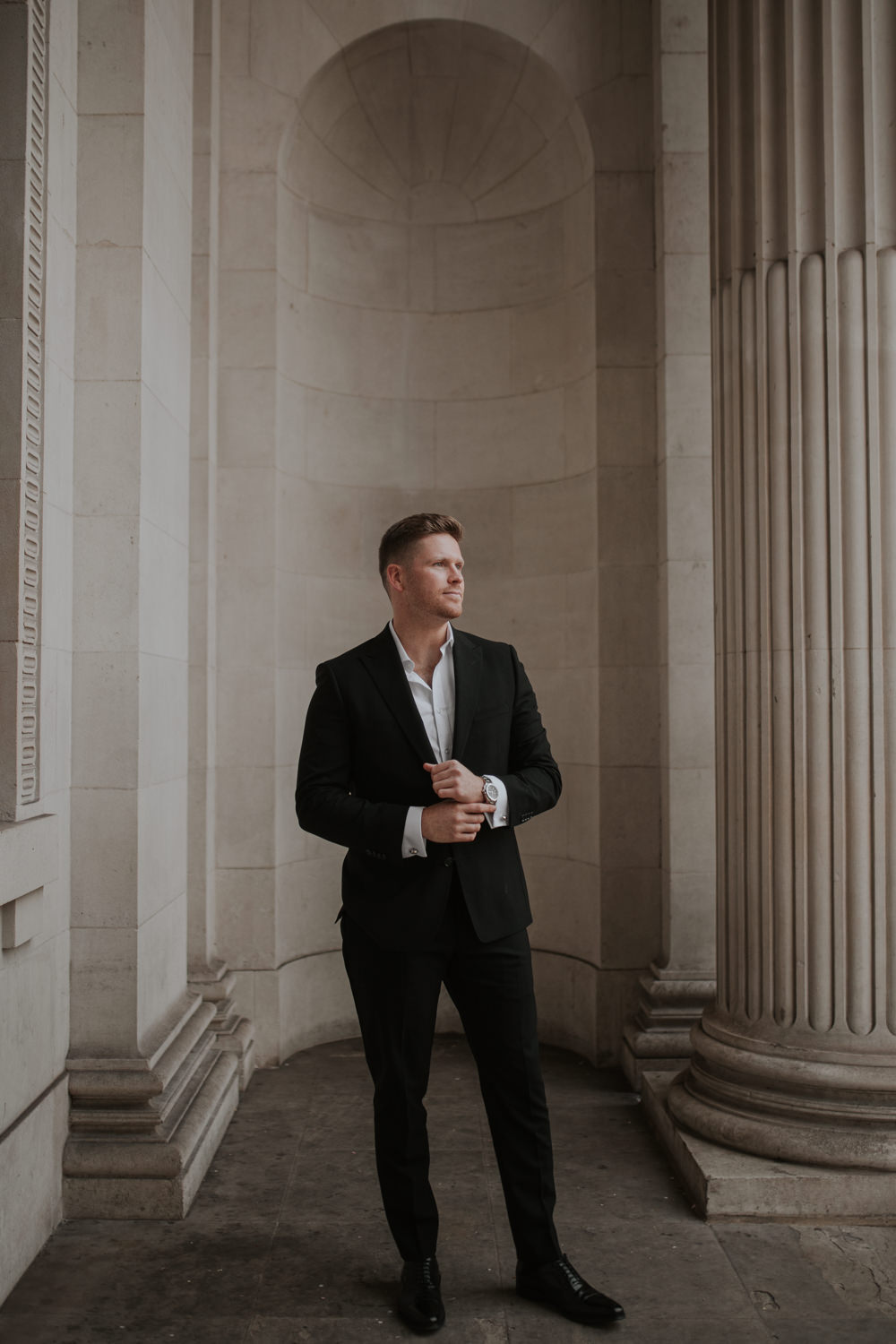 Royal Oak Marylebone Wedding Grace Pham Photography Groom Black Suit Open Shirt
