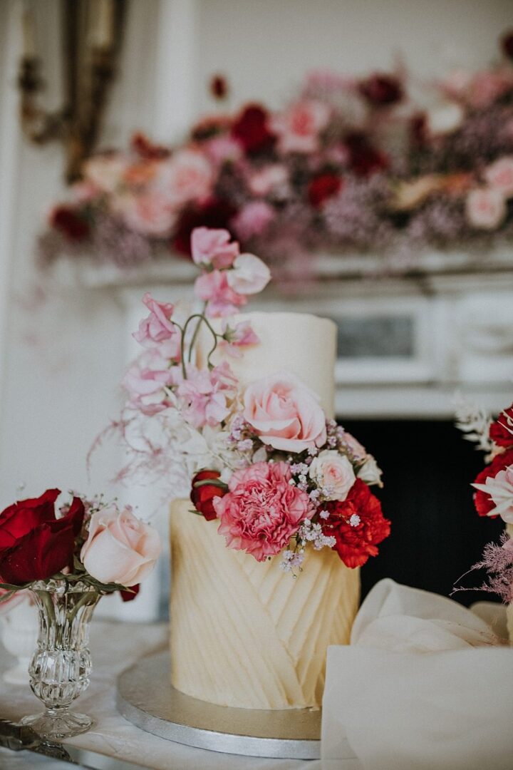 Two Tier Wedding Cake Chevron Flowers Lola Rose Photography