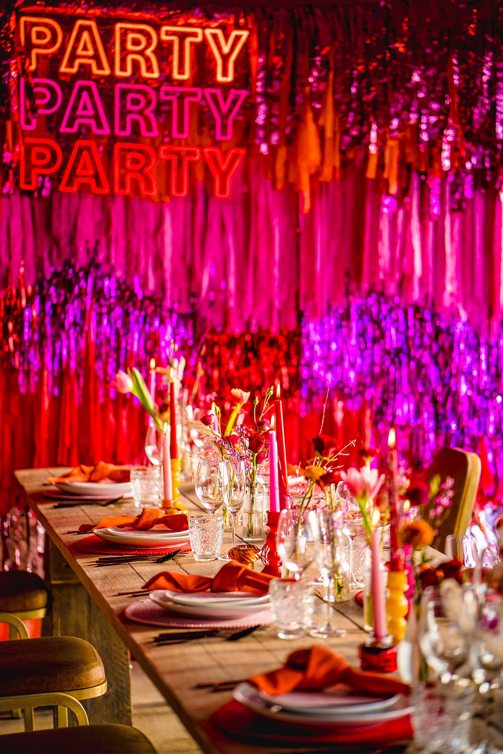 Table Decor Red Pink Streamers Neon Sign Backdrop WedShed Wedding Ideas Photography By Vicki