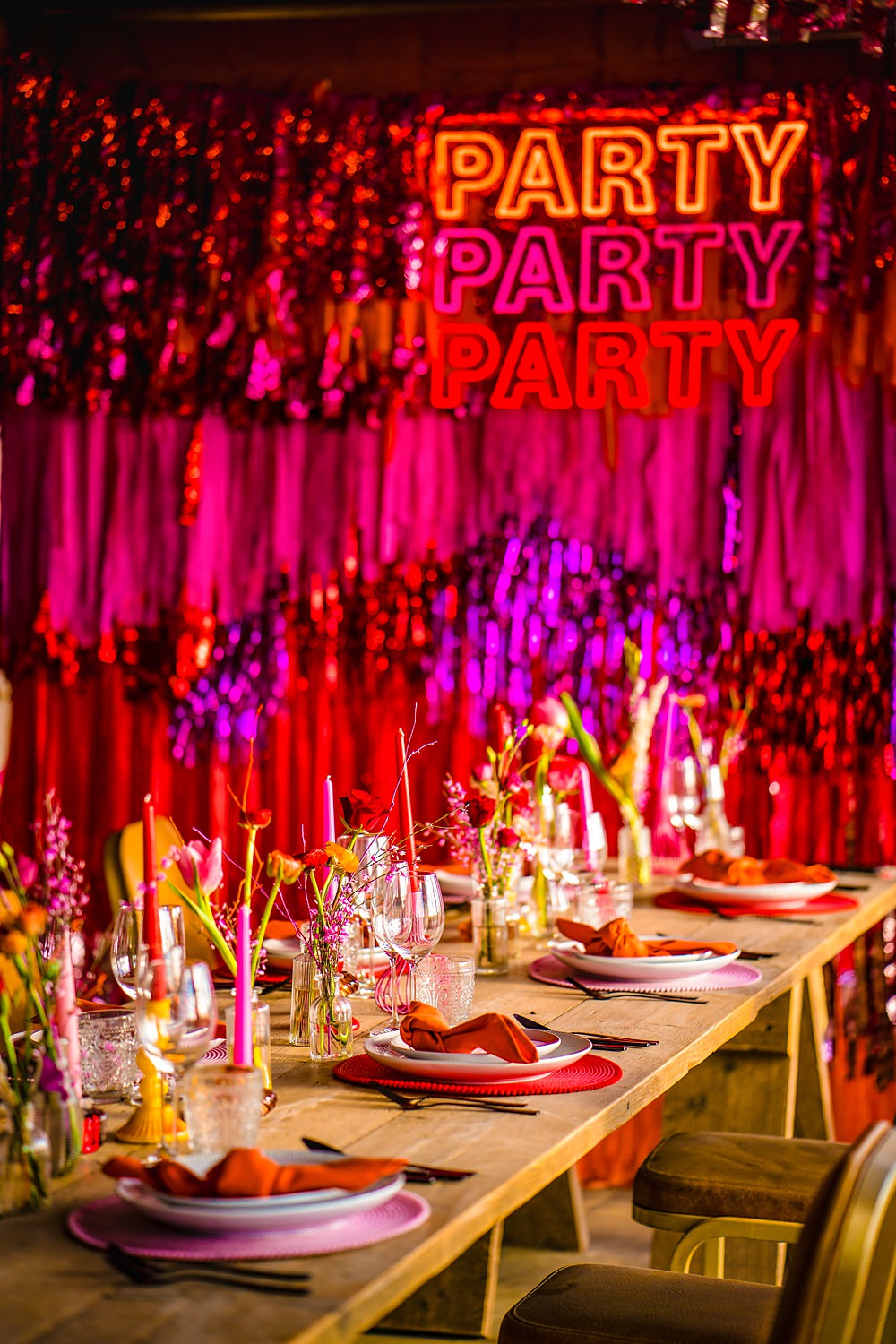 Table Decor Red Pink Streamers Neon Sign Backdrop WedShed Wedding Ideas Photography By Vicki