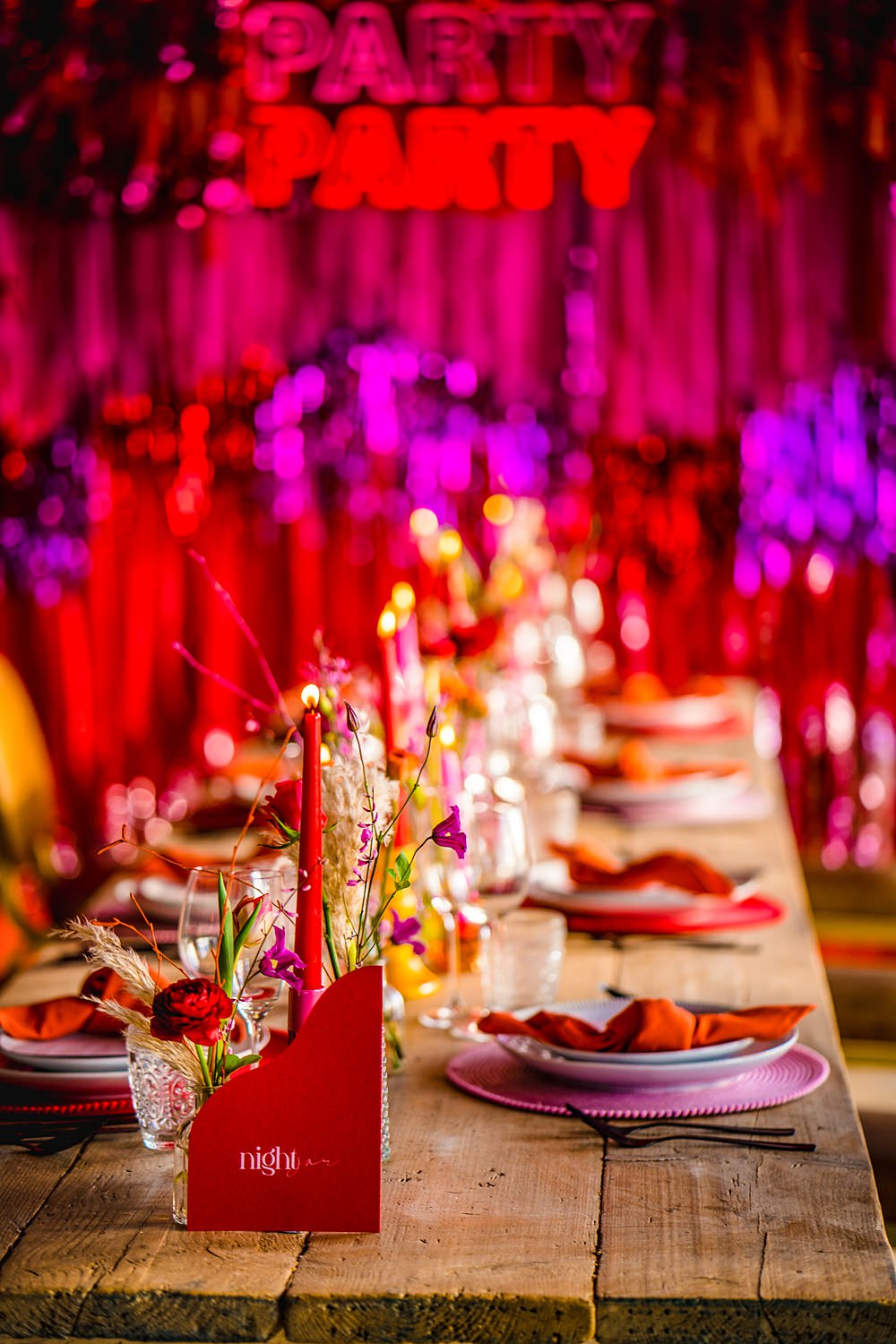 Table Decor Red Pink Streamers Neon Sign Backdrop WedShed Wedding Ideas Photography By Vicki