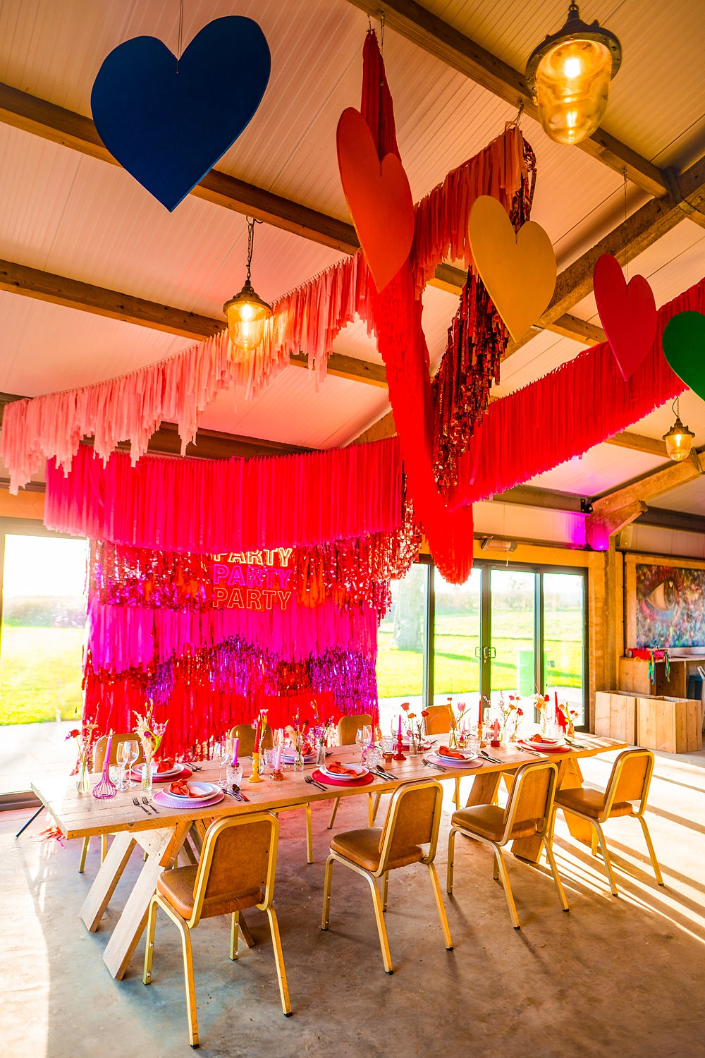 Table Decor Red Pink Streamers Neon Sign Backdrop WedShed Wedding Ideas Photography By Vicki
