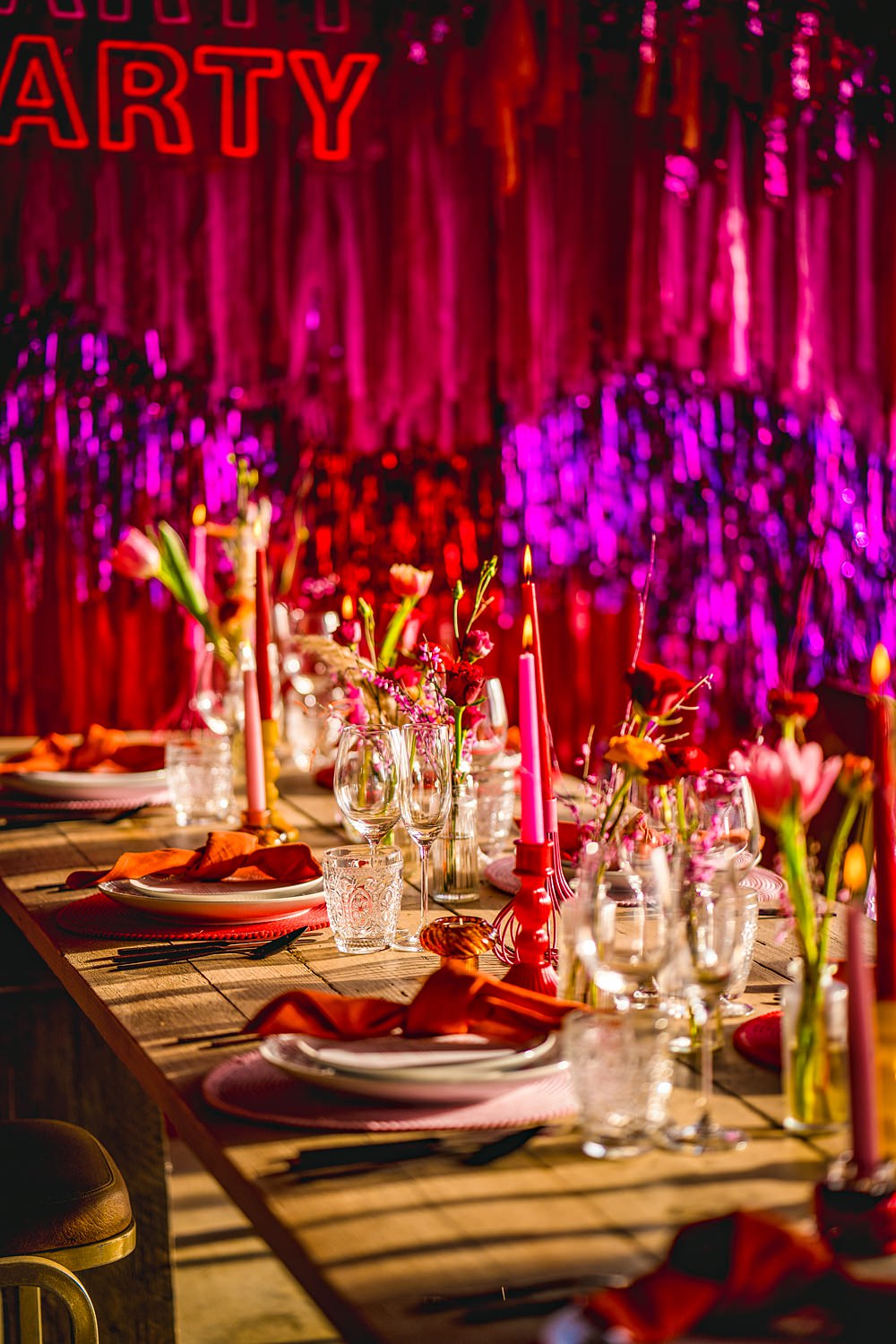 Table Decor Red Pink Streamers Neon Sign Backdrop WedShed Wedding Ideas Photography By Vicki
