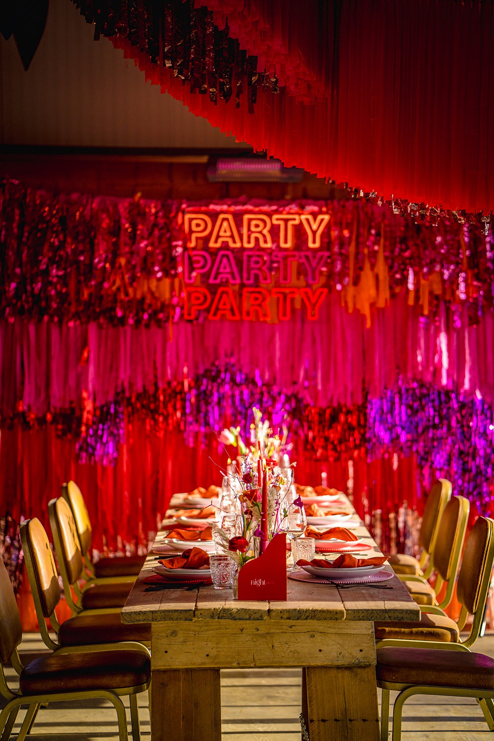 Table Decor Red Pink Streamers Neon Sign Backdrop WedShed Wedding Ideas Photography By Vicki