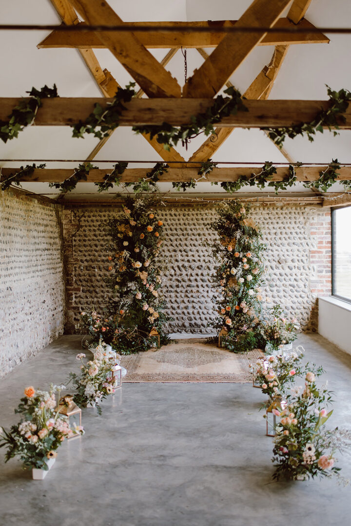 Wedding Aisle Decor Ideas Barn Flower Pillars Jessica Bevan Photography