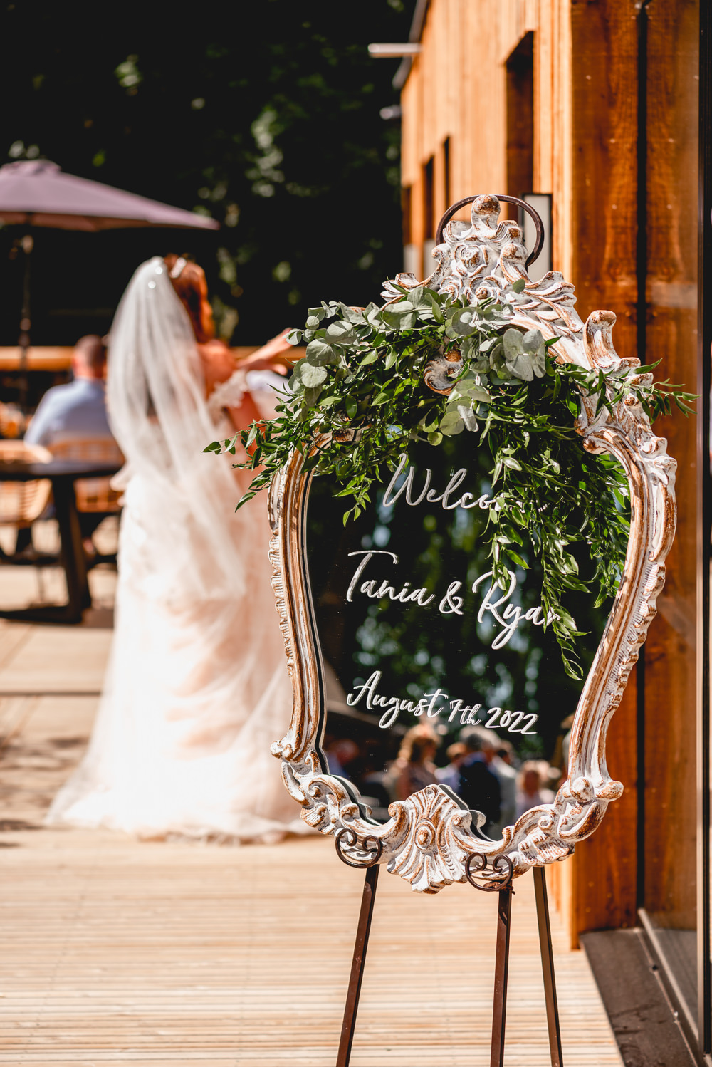 Mirror Welcome Sign Woodlands Hothorpe Wedding Lisa Carpenter Photography