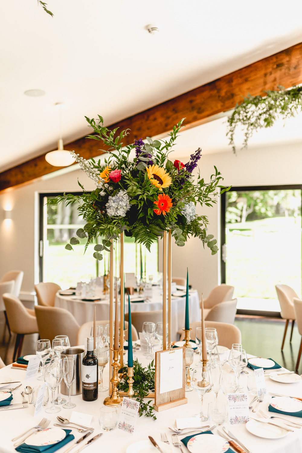 Tall Centrepiece Decor Flowes Sunflower Woodlands Hothorpe Wedding Lisa Carpenter Photography