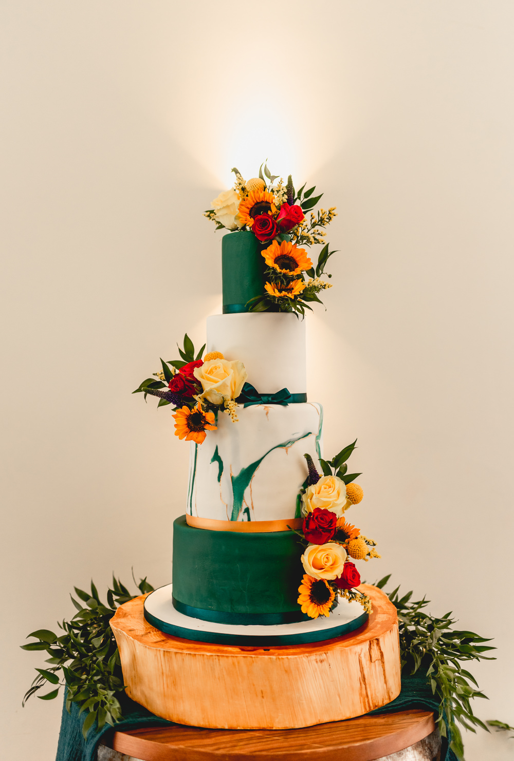 4 Tier Green Gold Cake Flowers Woodlands Hothorpe Wedding Lisa Carpenter Photography
