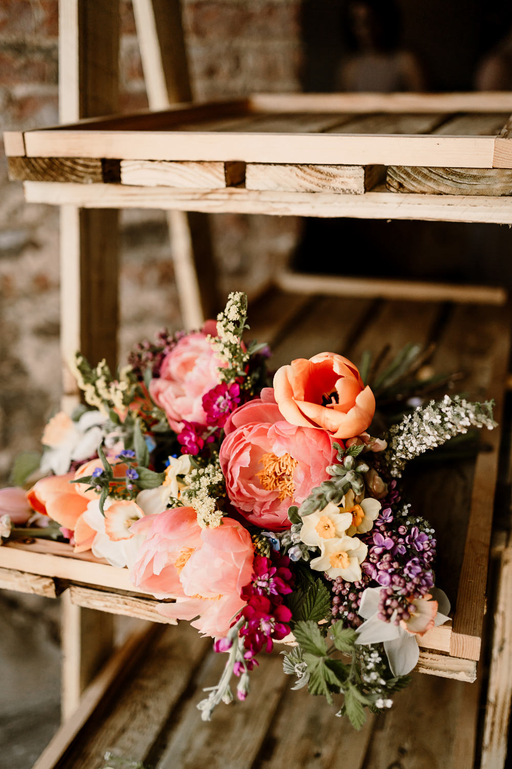 Bouquet Flowers Bride Pink Peony Tulip Daffodil Woolas Barn Wedding Hayley Baxter Photography