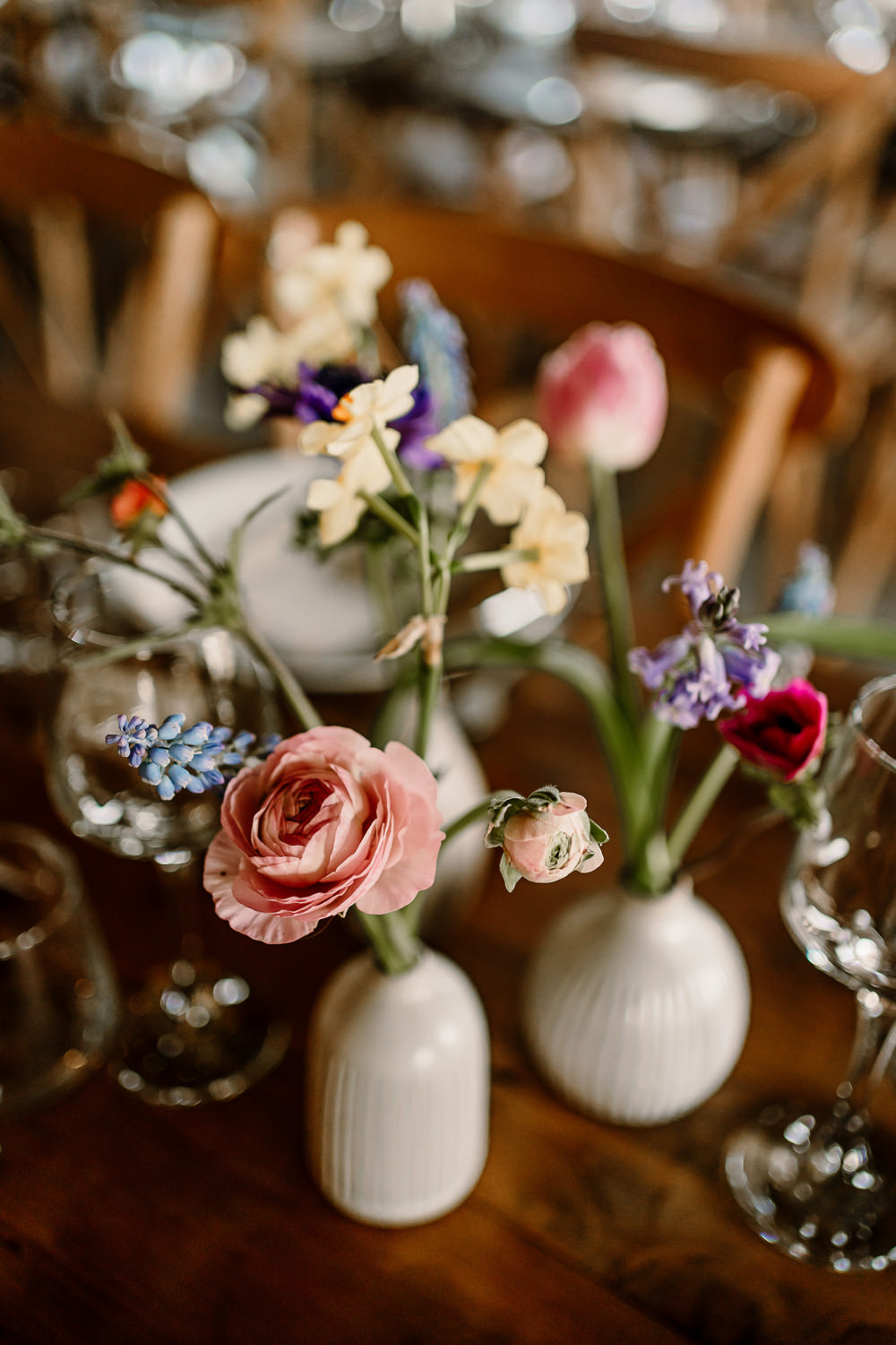 Bud Vase Spring Flowers Centrepiece Table Woolas Barn Wedding Hayley Baxter Photography