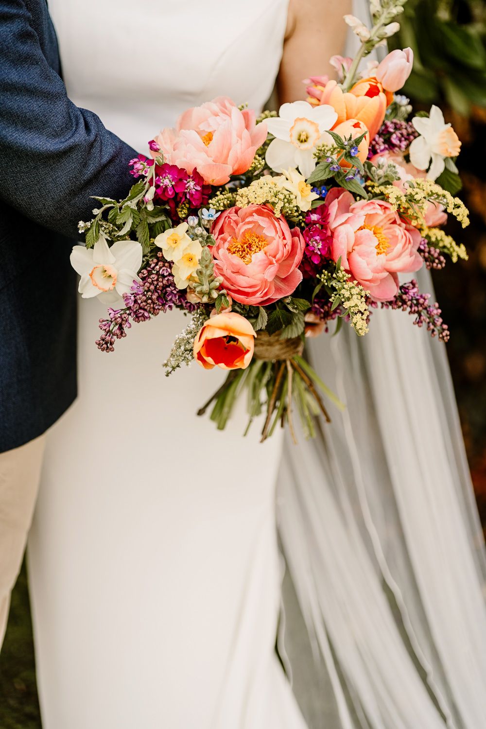Bouquet Flowers Bride Pink Peony Tulip Daffodil Woolas Barn Wedding Hayley Baxter Photography