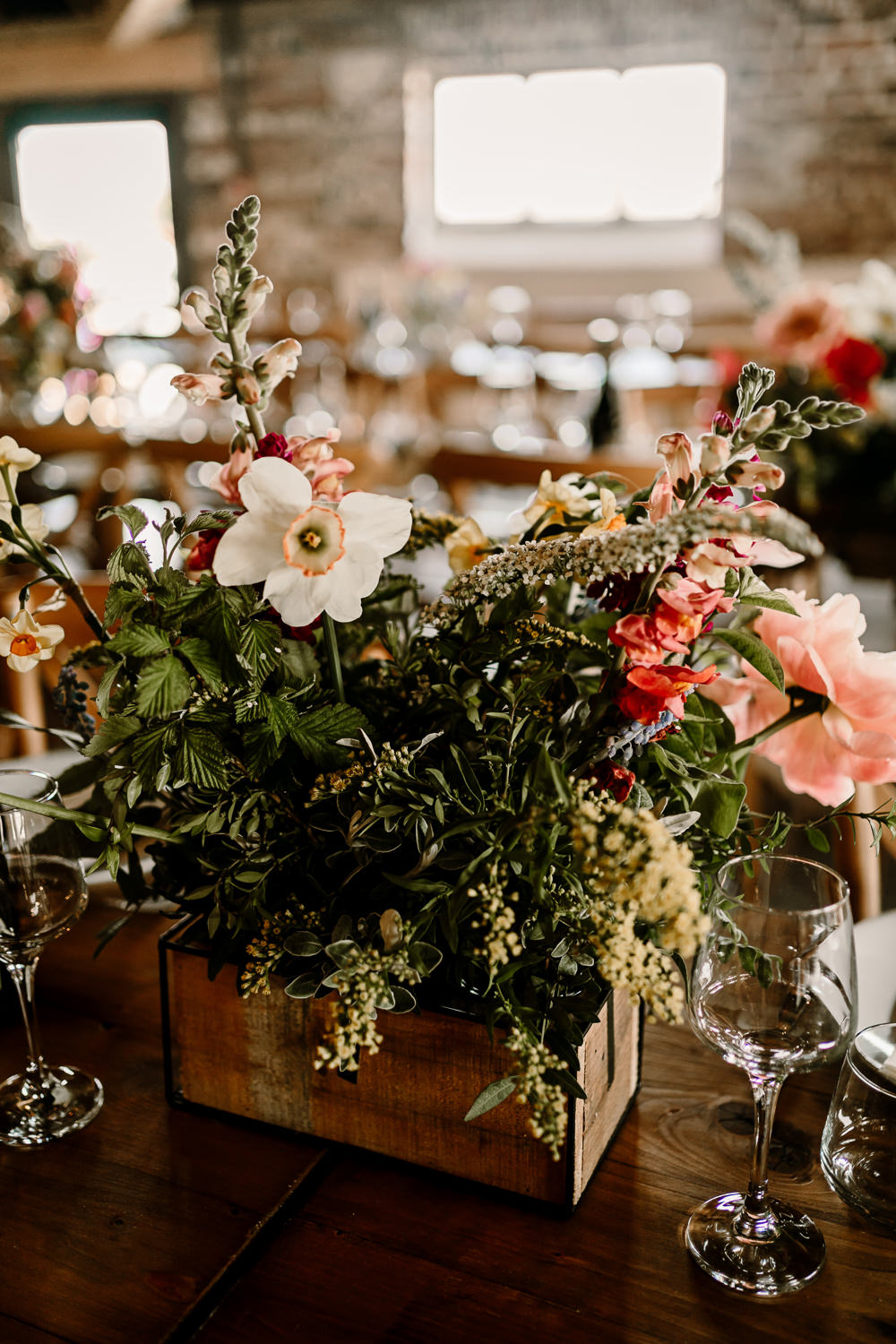 Wooden Box Crate Spring Flowers Centrepiece Woolas Barn Wedding Hayley Baxter Photography