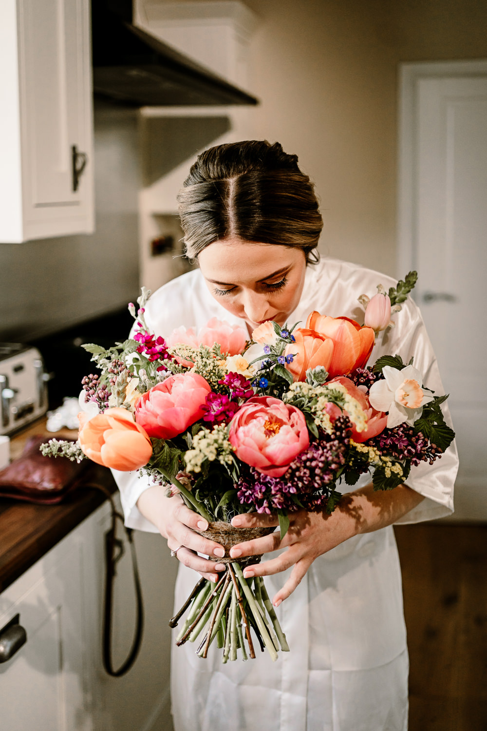 Bouquet Flowers Bride Pink Peony Tulip Daffodil Woolas Barn Wedding Hayley Baxter Photography
